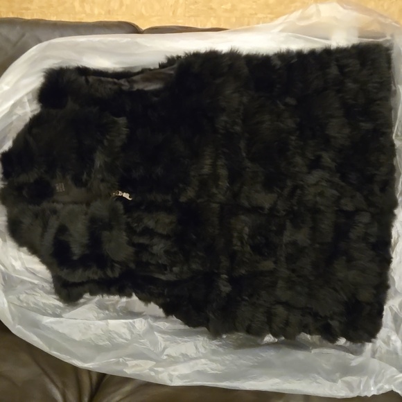 Saks Fifth Avenue Real Rabbit Fur collared black zip up down vest with collar